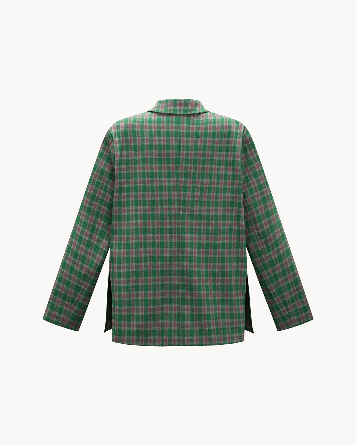 Veste à carreaux verte, coupe ample, de dos avec ses deux fentes